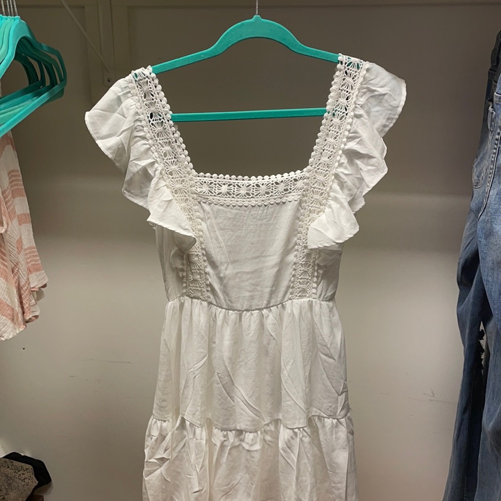 white eyelet ruffle mini dress